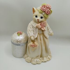 Heather Hykes "CatNip"Figurine with Pink Floral Details Trinket Box